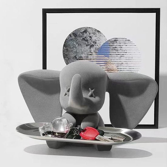 Moderne woondecoratie, olifantendienblad, decoratief, hars 28 cm, olifant sculptuur, decoratie geschikt voor boekenkast, kantoor, woonkamer, kleine voorwerpen organiseren, grijs