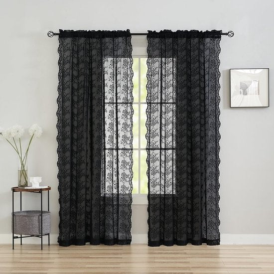 Black Curtains with Eyelets Lace Halloween Curtain Flowers Curtains Black Crochet Curtain Witch Curtains for Bedroom Living Room Dining Room Horror Decoration (W x H) 140 x 245 cm Set of 2