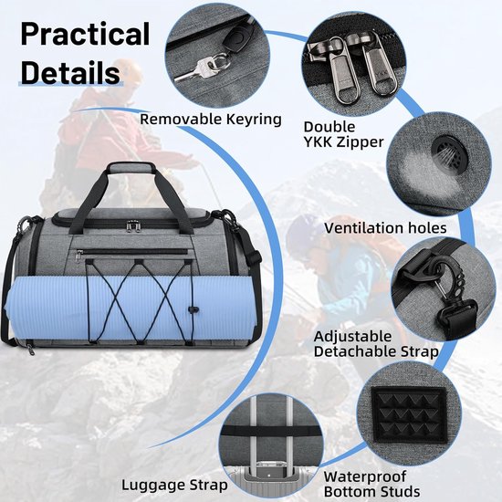 Sporttas Heren Dames met schoenenvak Nat compartiment Waterdichte trainingstas Zwemtas Grote capaciteit Reistas van hoge kwaliteit Duffelsporttas 40L Zwart, grijs