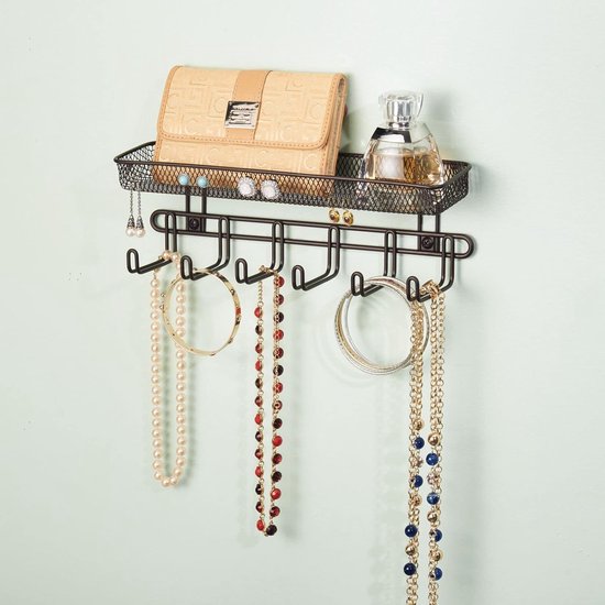 Sieradenopslag om op te hangen - wandmontage - met 6 haken en 2 vakken - modesieraden organizer voor brillen, kettingen, oorbellen en accessoires - sieradenhouder om op te hangen - kleur:
