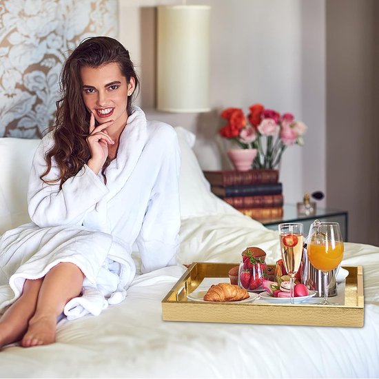 Dienblad van PU-leer, modern, elegant, rechthoekig, decoratief dienblad met metalen handvat, grote capaciteit, lederen serveerplaat voor eten, dranken, sieraden, sleutels, woonkamer, keuken, ijdelheid (krokodil, goud)