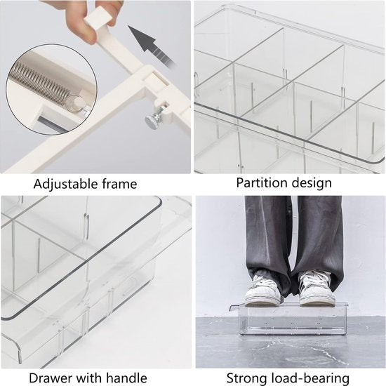 Koelkastorganizer, koelkastorganizer, lade, doorzichtig, koelkastopbergdoos, uittrekbaar, instelbaar, koelkastbox met handvat, koelkastlade-organizer