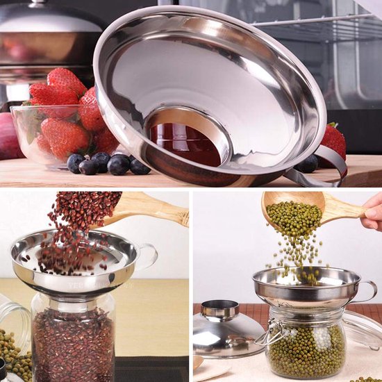 Inblikkende trechter, 2 stuks roestvrijstalen inblikkende trechter met brede opening voor het overbrengen van vloeibare oliepoeder, bonen en jam (klein en groot)