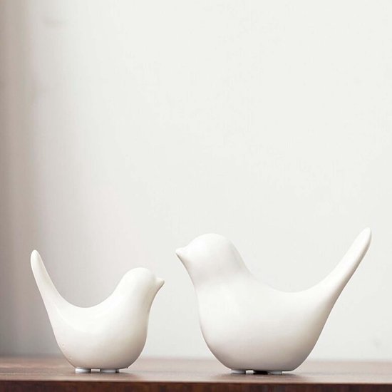 Set van 2 vogelstandbeelden, moderne dierensculpturen, keramieken huissculpturen, decoratie voor ornamenten in de woonkamer, slaapkamer, kantoor, bureau en kasten (vrouwelijk)