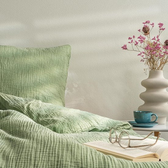 Musselin Bettwäsche 155x220 cm - Bettbezug aus atmungsaktiver Baumwolle, Superweich, Oeko-Tex Zertifiziert (Grün, 155x220cm Bettbezug)