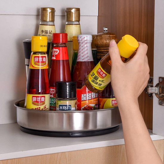 Keukenorganizer, draaiplateau, organizer, 360 graden roterende voorraaddoos voor levensmiddelen, kruidenhouder van roestvrij staal, zilver, 20 cm