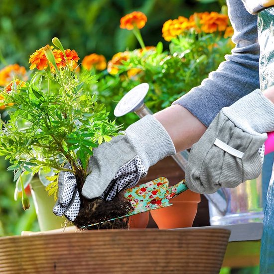 Flower Garden Tool Set 6-delige tuinset met mooie print Tuincadeaus voor vrouwen, inclusief verplantschepje, vork, handhark, cultivator, tuinhandschoenen en kniebeschermer