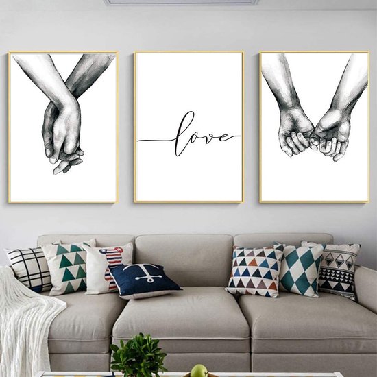 3-delige premium posterset, hand in hand, muurposterset, zonder lijst, wanddecoratie, afbeelding, woonkamer, slaapkamer, moderne beeldende kunst (50 x 70 cm)