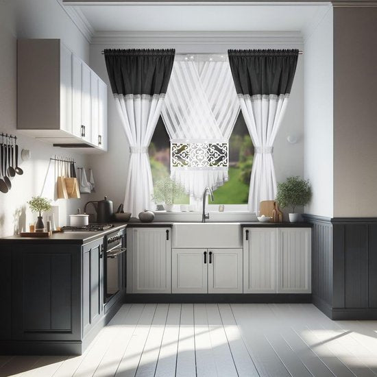 Stores gordijnen met plooiband en 2 x gordijnen, keukengordijnen, vitrages & korte gordijnen, schuifgordijnen in landelijke stijl, gordijnset korte gordijnen (grijs)