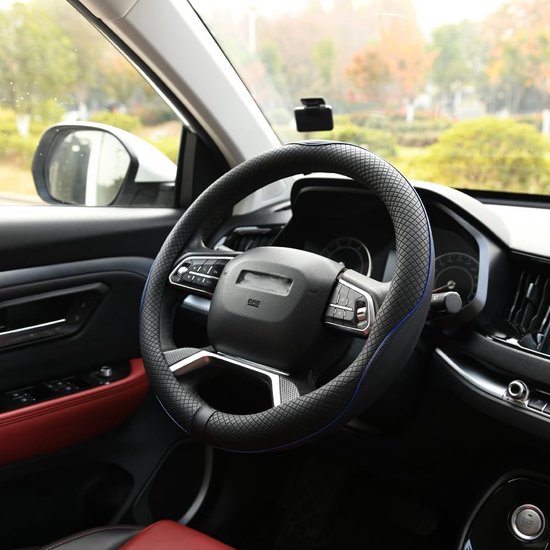 Stuurhoes voor de auto, microvezel, leer, universele maat 37-39 cm, antislip, zwart met blauwe lijn