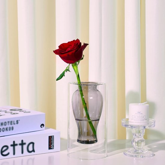 Glazen vaas voor tafeldecoratie, moderne geometrische glazen vazen, grijze bloemenvazen, helder glas, vazen voor woonkamer