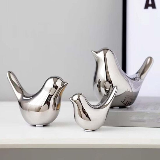 Set van 2 vogelbeelden, moderne dierensculpturen, keramische huissculptuur decoratie voor ornamenten in de woonkamer, slaapkamer, kantoor, bureau en kasten (zilver)