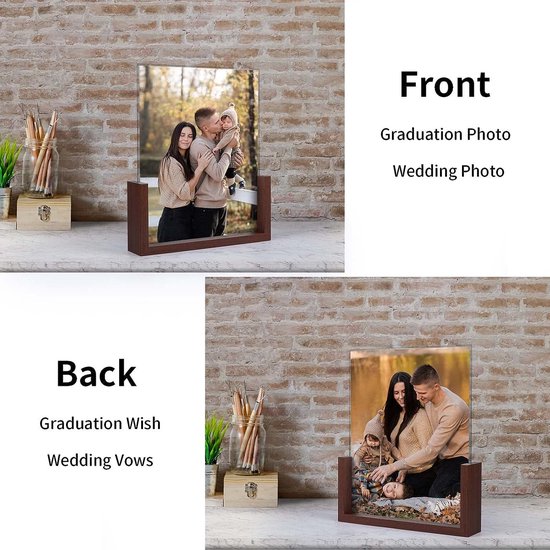 Dubbelzijdige fotolijst 20 x 25 cm van glas met een bruine houten onderlegger voor tafelblad, set van 2