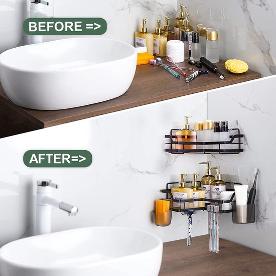 Gsocel Doucheplank, hoek zonder boren, 2 stuks, doucheplank, roestvrij staal, douchemand, zelfklevend, hoekrek, douche, badkamerrek, houder met haken, zwart