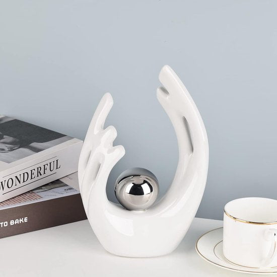 Witte abstracte keramische beelden en sculpturen, witte en zilveren keramische kunstbeelden, moderne woondecoratie voor woonkamer, eettafel, salontafel, plank, entree, desktopsculptuur voor thuis, woondecoratie