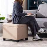 Kruk met opbergruimte, zitkubus met deksel, zitkist, voetenbankkist opbergdoos, linnen, 44 L, 45 x 41 x 41 cm, beige