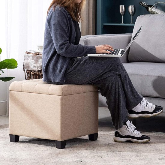 Kruk met opbergruimte, zitkubus met deksel, zitkist, voetenbankkist opbergdoos, linnen, 44 L, 45 x 41 x 41 cm, beige