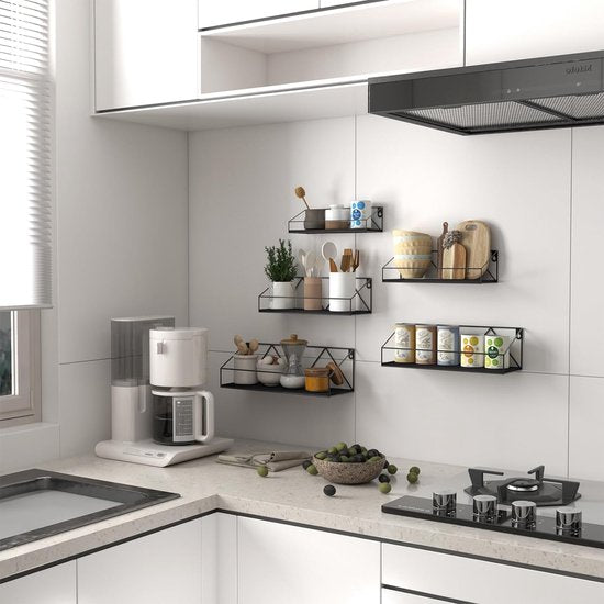 Set van 5 wandplanken, zwevende planken met zwarte metalen staven en zwarte houten plank, rustieke plankenwand voor keuken, badkamer, slaapkamer, woonkamer en kantoor (M-vormig)