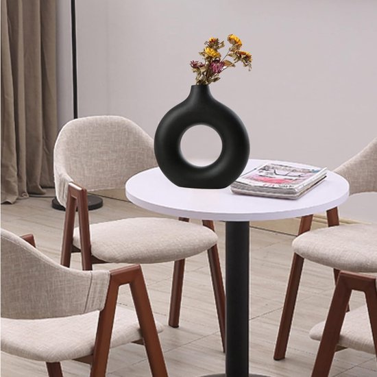 Vaas voor pampasgras, keramische vaas, mat zwart, decoratie, moderne droogbloemen, bloemenvaas, donutvaas, hol design, voor tafeldecoratie thuis, kantoor, decoratie, L+M