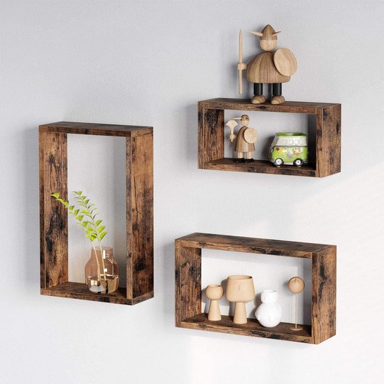 Wandplanken, set van 3 kubussen, lengte 40/35/30 cm, voor woonkamer, slaapkamer, werkkamer, vintage bruin