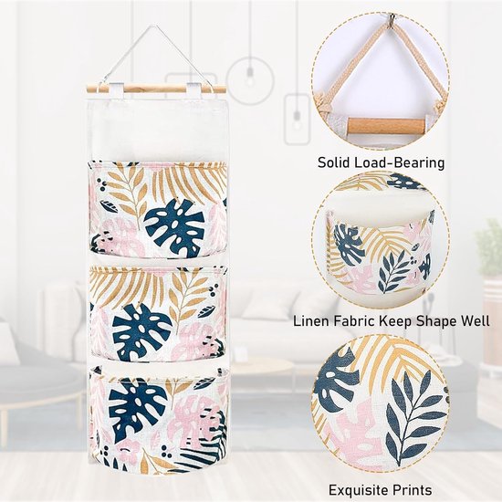 Wall Hanging Bags 3 Pieces Wall Hanging Storage Bag with 5 Pockets, Organiser for Children's Room, Waterproof Hanging Storage, Linen Coloured Hanging Bag Organiser, Suitable for Bathroom