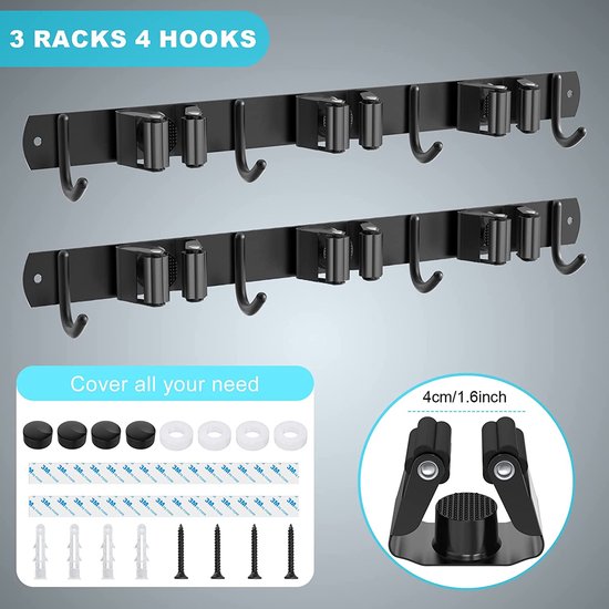 ZCSCOERY 2 stuks bezemhouders voor aan de muur, roestvrij staal, bezem mophouder, wandhouder, zelfklevende gereedschapshouder, organizer met 3 houders en 4 haken voor thuis, keuken, badkamer, garage, tuin