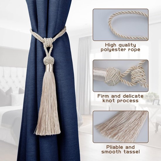 2 stuks gordijnhouders, embrasses, gordijnhouders, polyester, katoen, touw met kwastjes, decoratief raam, eenkleurige gordijnen, accessoires, beige