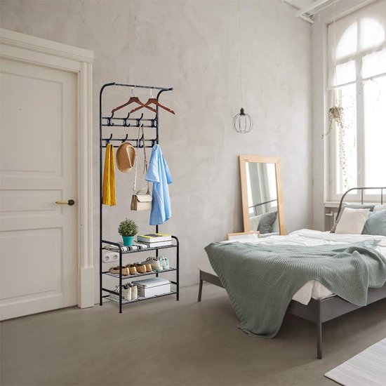 Gaderobe kapstok met haken, robuuste metalen kledingstandaard, kapstok met bank, multifunctioneel kledingrek voor de slaapkamer, kapstok met schoenenrek