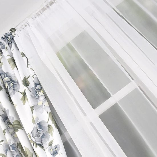 Gordijnset met trekkoord, 400 x 160 cm, voile, woonkamer, slaapkamer, kinderkamer, decoratieve raamgordijnen, set met gordijnen, vitrage, plooiband, lichtgrijs bloemen