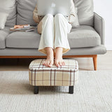 Rechthoekige voetenbank, zitkruk, 42 x 29 x 23 cm, gevoerde kruk van katoenen doek, houten poten, comfortabele en dikke zitbank, ruimtebesparend, voor woonkamer, hal, kantoor, strepen