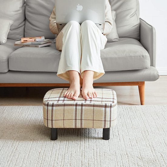 Rechthoekige voetenbank, zitkruk, 42 x 29 x 23 cm, gevoerde kruk van katoenen doek, houten poten, comfortabele en dikke zitbank, ruimtebesparend, voor woonkamer, hal, kantoor, strepen