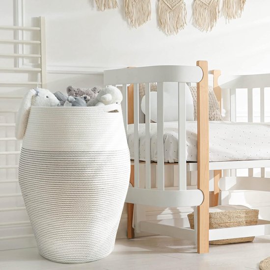 Wasmand, grote opbergmand, gevlochten katoenen touw voor knuffelige kleding in de bijkeuken, 65 cm hoog, wit met zwarte naad