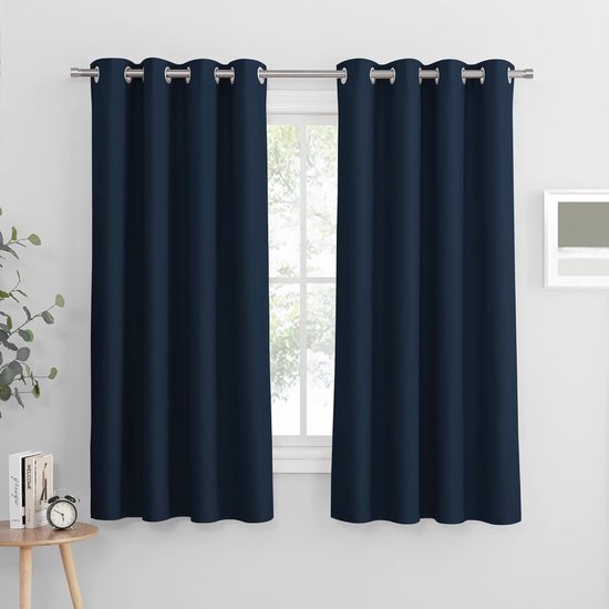 Gordijn ondoorzichtig, korte inslagringen, gordijnen, set van 2, H 158 x B 132 cm, ondoorzichtige gordijnen voor slaapkamer, verduisteringsgordijnen, thermogordijn, donkerblauw