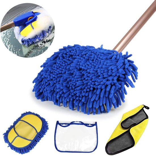 Autowasborstel 160 cm 3-in-1 wasborstel met telescopisch handvat multifunctionele reinigingsborstel microvezel koraal chenille autowasmop 180° roterende washandschoen voor auto RV SUV camper Blauw