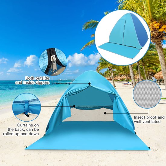 Beach Shelter Pop-up strandtent met UV-bescherming Voorruit en ritssluiting Draagbare strandtent voor 2-3 personen Familie Baby Kinderen Strandtent voor buiten Camping Tuin