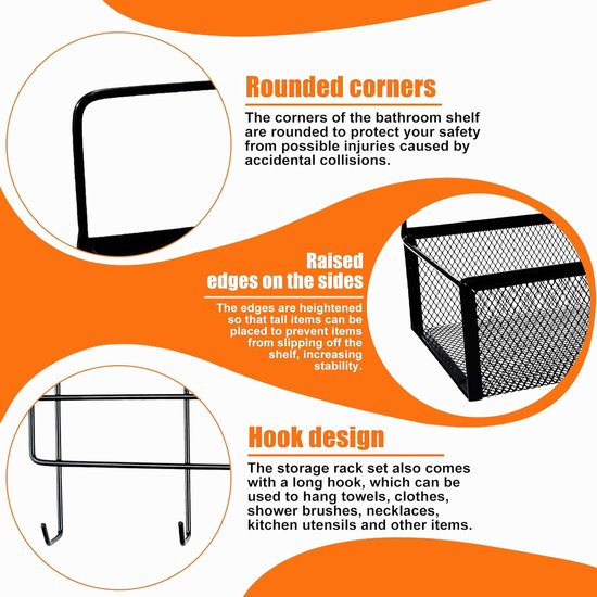 Set van 2 doucheplanken zonder boren, badkamerplanken, doucheplank, metalen douchemanden, badkamerplankorganizer, hangende shampoohouder, zelfklevende doucheplank met haken voor de badkamer