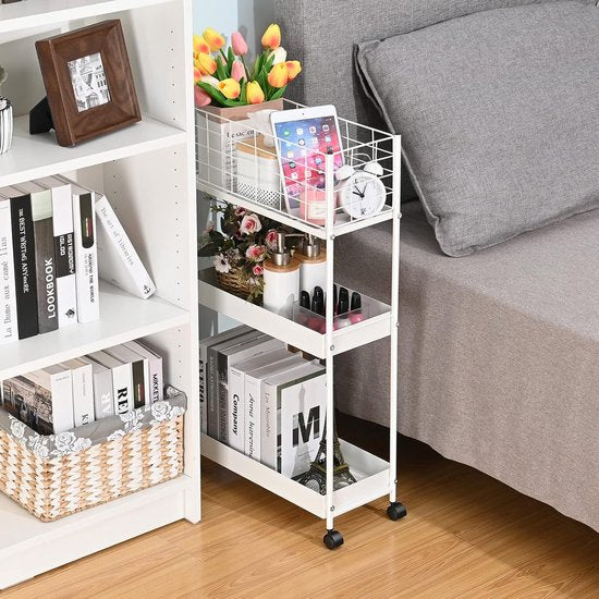 Keukenwagen met 3 niveaus, smalle rolwagen, nisrek op wieltjes, ruimtebesparend keukenrek en badkamerrek, multifunctionele trolley voor kleine beperkte ruimtes, keuken, kantoor en badkamer, eenvoudige montage, wit