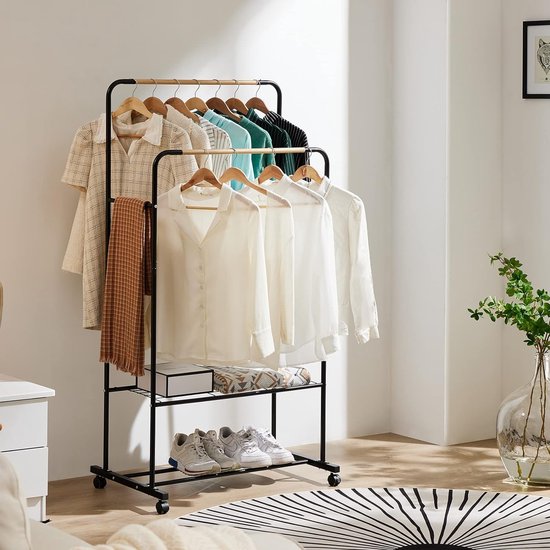 Kledingrek op wieltjes, stabiele kapstok van metaal, dubbele kledingstangen met 2 planken, belastbaar, industriële stijl, 82 x 51 x 155 cm, zwart