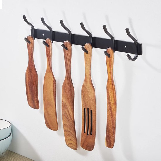 Kledinghaken, haaklijst, garderobehaken, RVS met 6 haken, wandhaken, garderobelijst voor slaapkamer, badkamer (zwart, 6 haken, 2 stuks)