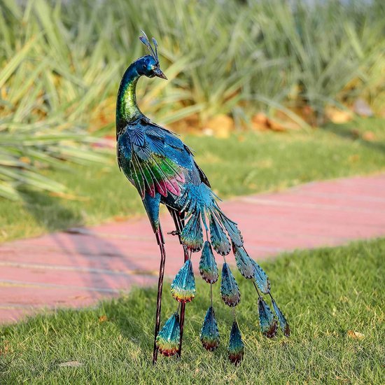 Tuinfiguur voor buiten, tuindecoratie voor buiten, 57 cm metalen pauw weerbestendige figuur, staande pauw metalen figuur voor terras, balkon, tuin, gazon