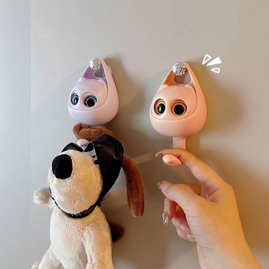 3 stuks oogknipperende kattenhaken, kattenhaken, dierenhaken, zelfklevende sleutelhaken, garderobehaken voor kinderen, mantel, sjaal, muts, handdoek, sleutel (roze, paars, groen)