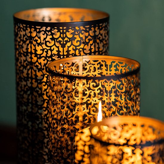 ZEYA XL lantaarn zwart goud metaal, 30 + 25 + 20 cm, set van 3, oosterse lantaarns, lantaarn ornament als aantrekkelijke decoratie woonkamer grote kandelaar, uniek cadeau voor Kerstmis