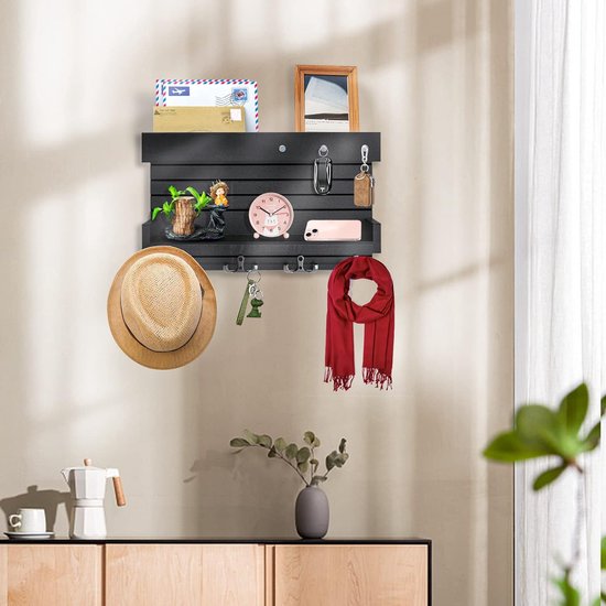Sleutelrek met plank, wandsleutelhouder met 4 dubbele sleutelhaken, houten rek, sleutelorganisatie, postorganisatie, rustieke wooncultuur voor de entree