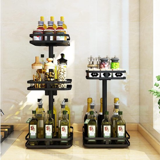 Kruidenrek Draaibaar Zwart Roterend Kruidenrek Keukenplank Werkblad Hoekplank Keuken Kruidenrek Staand Geen boren Lazy Susan (vierkant, 2 lagen)