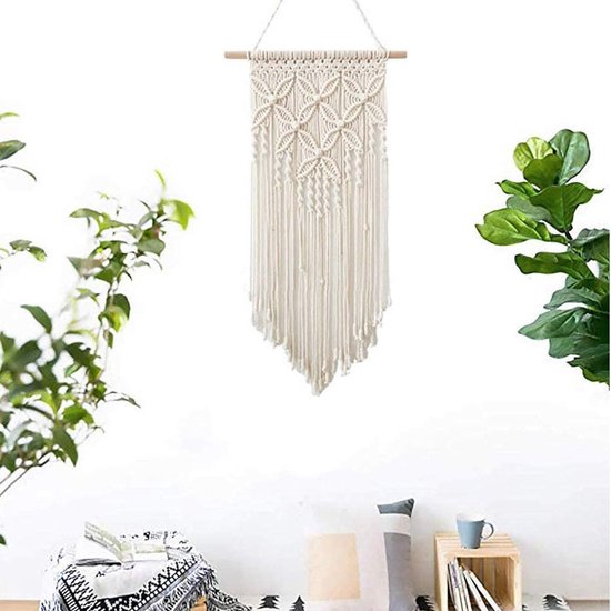 Macramé wandkleed boho deco geweven wanddecoratie wandtapijt Boheems tapijt geweven huisdecoratie chic huisdecoratie geschenken appartement slaapzaal kamerdecoratie (wit-blong)