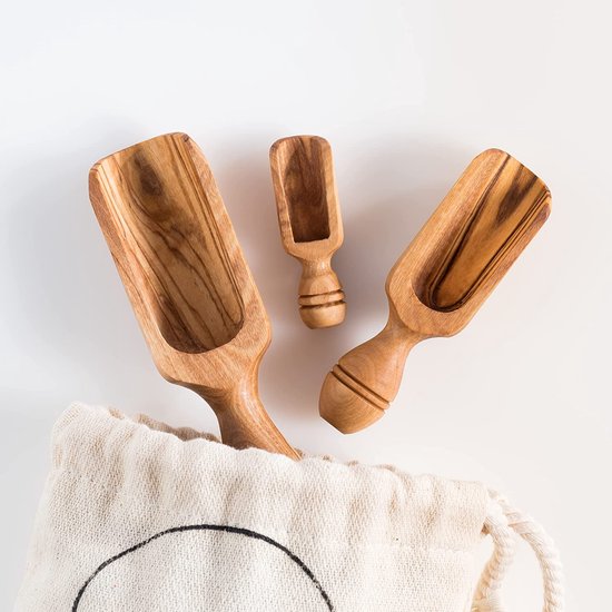 Wood Spice Scoops Set van 3 - 12 cm, 9 cm en 6 cm - Handgemaakt - Hittebestendig en Krasbestendig Gebruiksvoorwerp - Kruiden, Koffie, Dierenvoeding, Melkpoeder, Meel, Zout Gebruiksvoorwerp