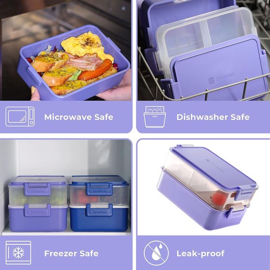 Lunchbox voor volwassenen, broodtrommel met 3 vakken, Bento Box met sauzenhouder en servies, lunchbox voor magnetron en vaatwasser, kunststof, BPA-vrij, als ontbijtbox, snackbox, paars