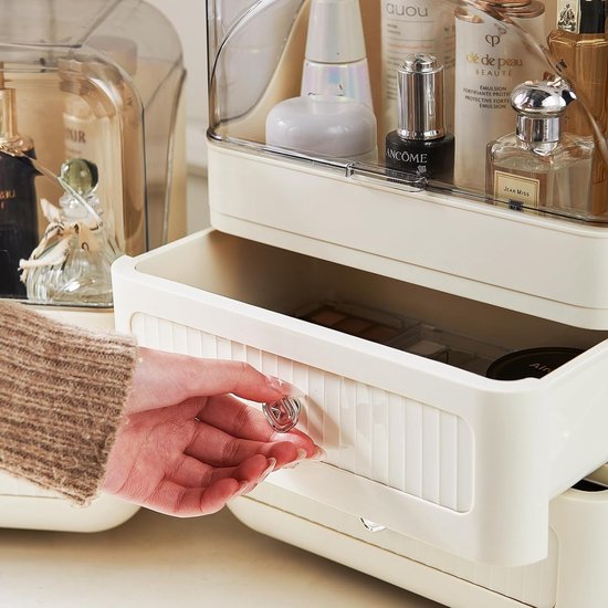Make-up organizer met deksel en 2 laden, stofdicht, grote capaciteit, beauty-organizer voor kaptafel, badkamer, slaapkamer
