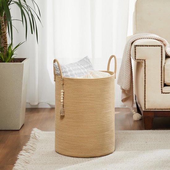 Gevlochten wasmand, speelgoedopberger, opbergmand met handvat, handgemaakt katoen (puur bruin, 38 cm (D) x 50 cm (H))
