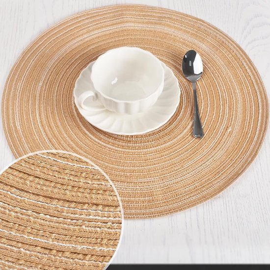 Set van 4 ronde gevlochten wasbare placemats 45 cm linnen geel